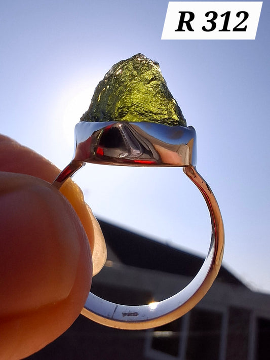 Moldavite Ring, size O, 925 Silver, Tektite (Ref: R312)