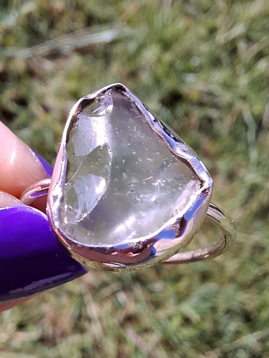Libyan Desert Glass Ring, size small R, 925 Silver, Tektite (Ref: LR40)