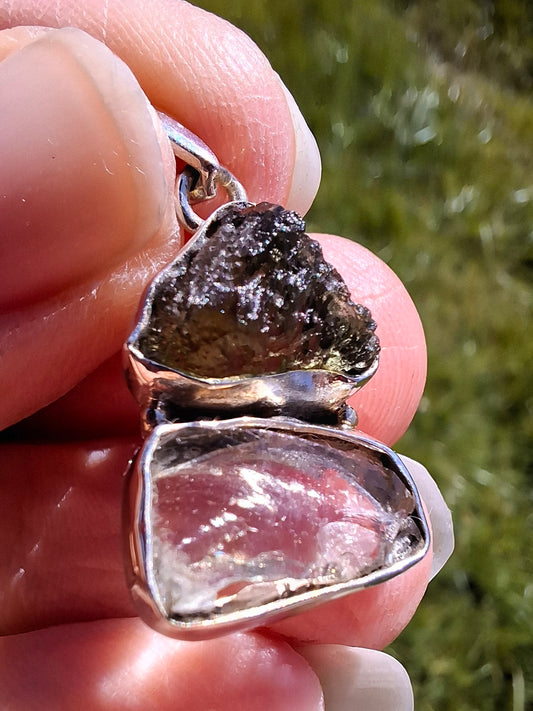 Moldavite & Libyan Desert Glass Pendant, 925 Silver, Tektite (Ref: MLP8)