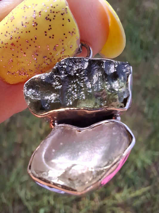 Moldavite & Libyan Desert Glass Pendant, 925 Silver, Tektite (Ref: MLP5)