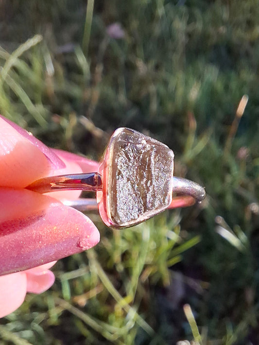 Moldavite Ring, size small W, 925 Silver, Tektite (Ref: R59)