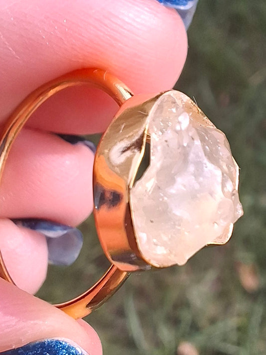 Libyan Desert Glass Ring, 14K GOLD Plated, size large N, Tektite (Ref: LR75)