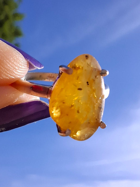 Baltic Amber Ring, size N. 925 Silver, Fossil (Ref: AR7)