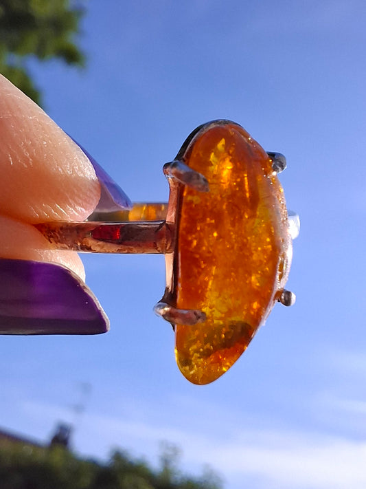 Baltic Amber Ring, size large T/small U, 925 Silver, Fossil (Ref: AR19)