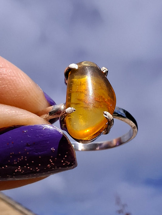 Baltic Amber Ring, size large T, 925 Silver, Fossil (Ref: AR18)