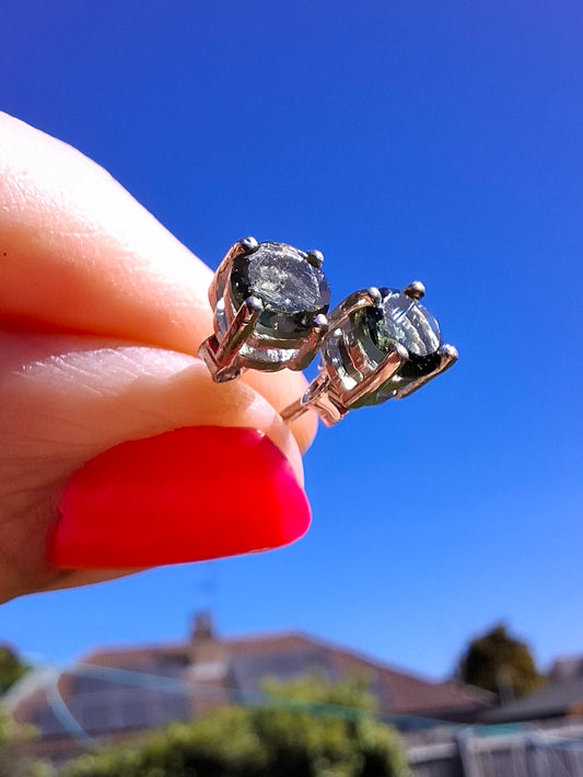 Moldavite (faceted), 5mm STUD EARRINGS, 925 Silver, Tektite (Ref: Pair52)