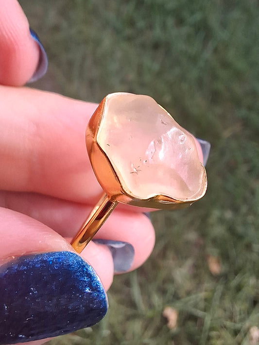Libyan Desert Glass Ring, 14K GOLD Plated, size large P/small Q, Tektite (Ref: LR73)