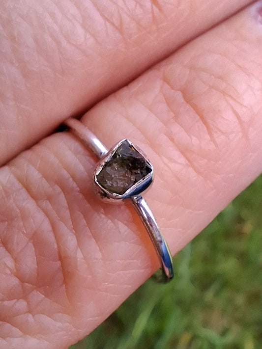 Moldavite Ring, size large O/small P, 925 Silver, Tektite (Ref: R41)