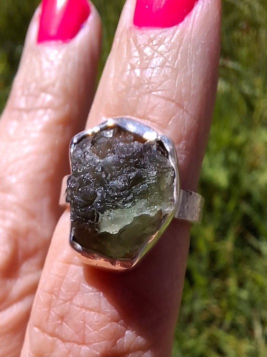 Modavite Ring, size J, 925 Silver, Tektite (Ref: R297)