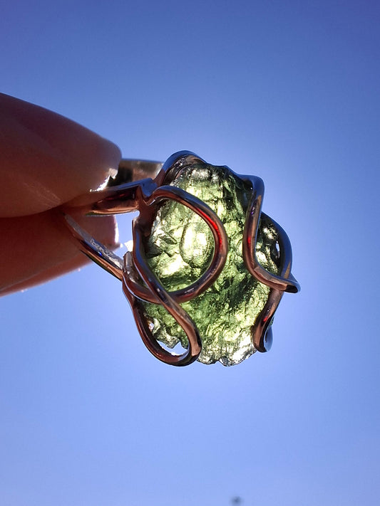Moldavite Ring, size O, 925 Silver, Tektite (Ref: R7)