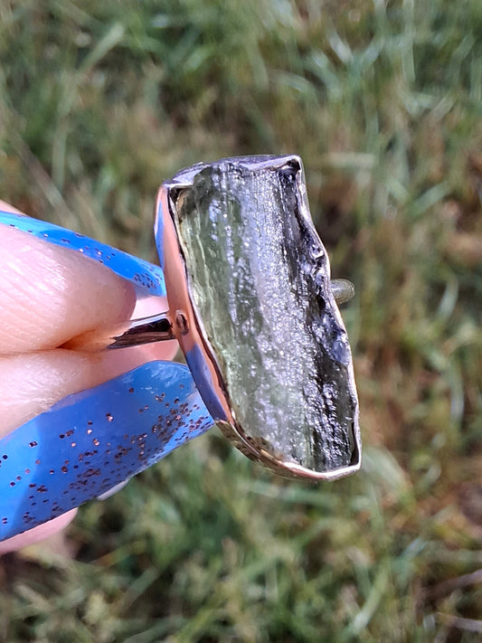 Moldavite Ring, size K, 925 Silver, Tektite (Ref: R21)