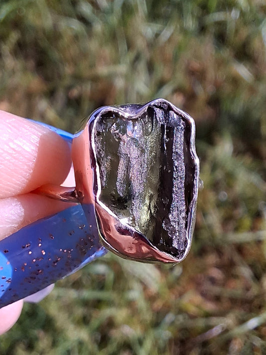 Moldavite Ring, size large N, 925 Silver, Tektite (Ref: R25)