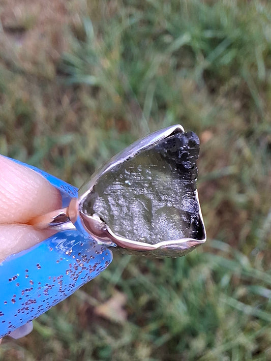 Moldavite Ring, size large J, 925 Silver, Tektite (Ref: R20)