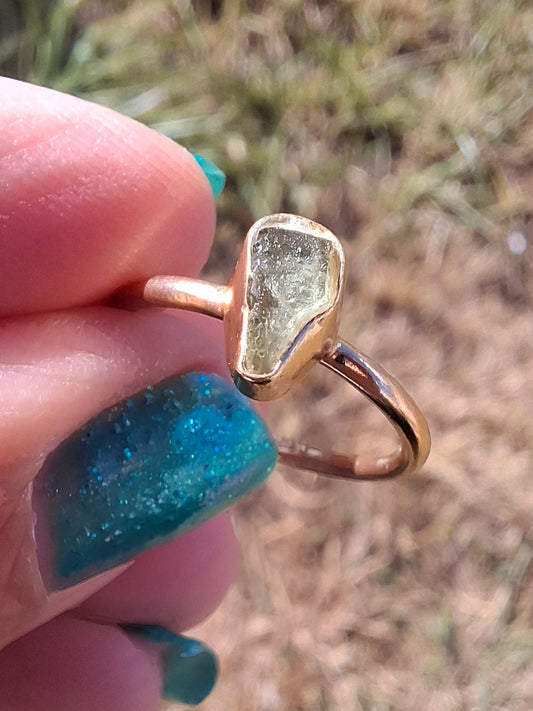 Moldavite Ring, 14K GOLD Plated, size large J, Tektite (Ref: R338)