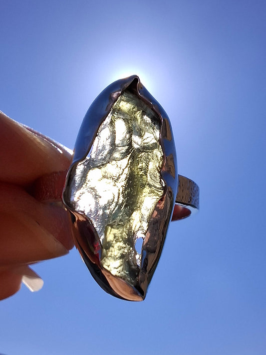 Moldavite Ring, size small U, 925 silver, Tektite (Ref: R321)