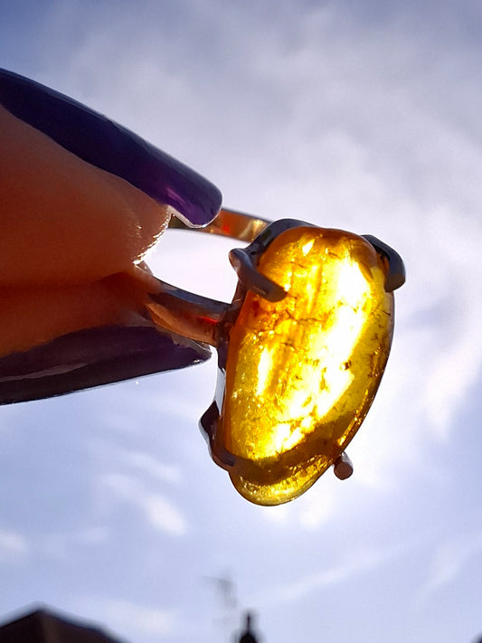 Baltic Amber Ring, size large L, 925 Silver, Fossil (Ref: AR3)