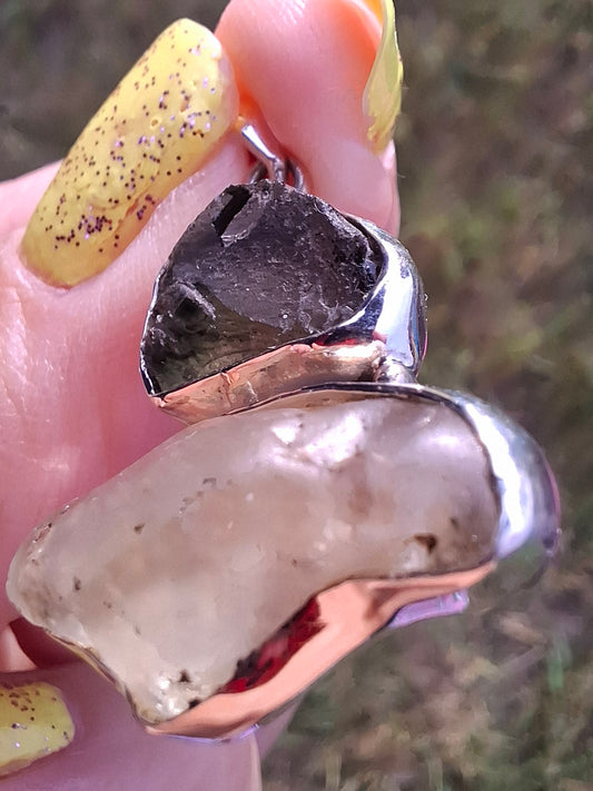 Moldavite & Libyan Desert Glass Pendant, 925 Silver, Tektite (Ref: MLP10)