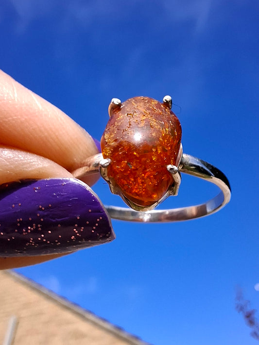 Baltic Amber Ring, size large X, 925 Silver, Fossil (Ref: AR32)