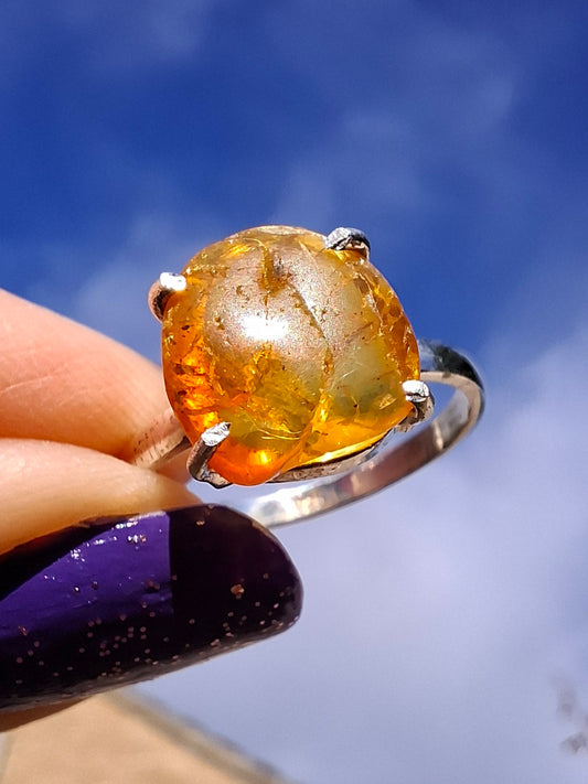 Baltic Amber Ring, size large Q, 925 Silver, Fossil (Ref: AR14)