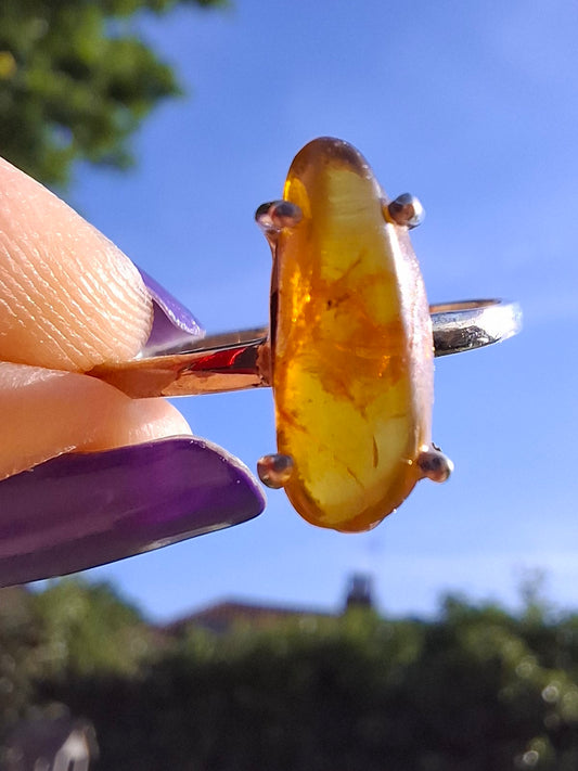 Baltic Amber Ring, size large V, 925 Silver, Fossil (Ref: AR25)