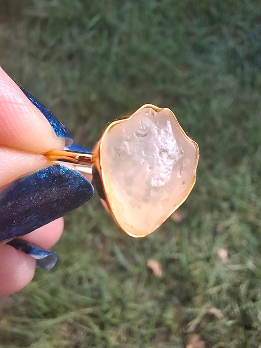 Libyan Desert Glass Ring, 14K GOLD Plated, size R, Tektite (Ref: LR66)
