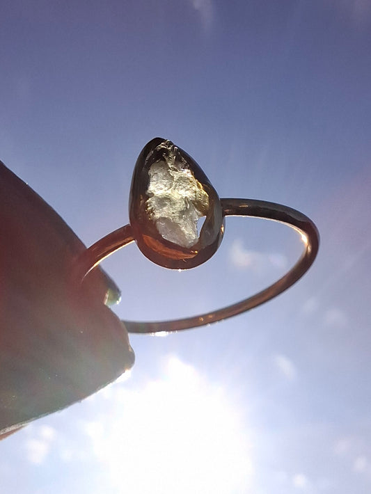 Moldavite Ring, 14K GOLD Plated, size large T, Tektite (Ref: R347)