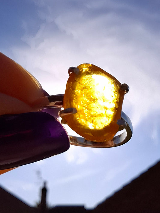 Baltic Amber Ring, size large N, 925 Silver, Fossil (Ref: AR9)