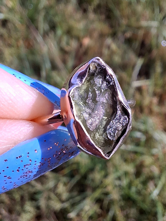 Moldavite Ring, size M, 925 Silver, Tektite (Ref: R22)