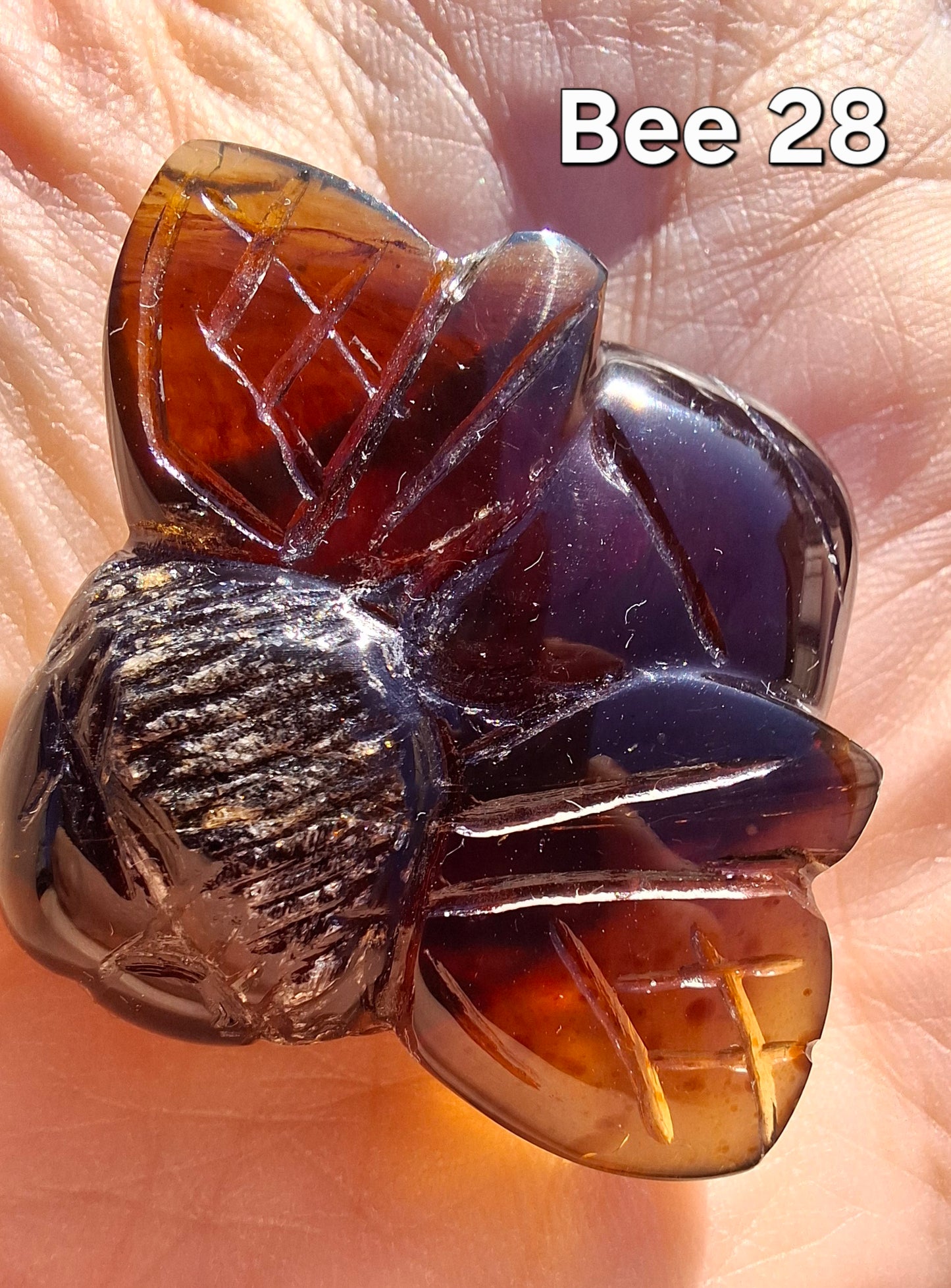 Red Amber Honey Bee Carving, 9.63g, Fossil (Ref: Bee28)