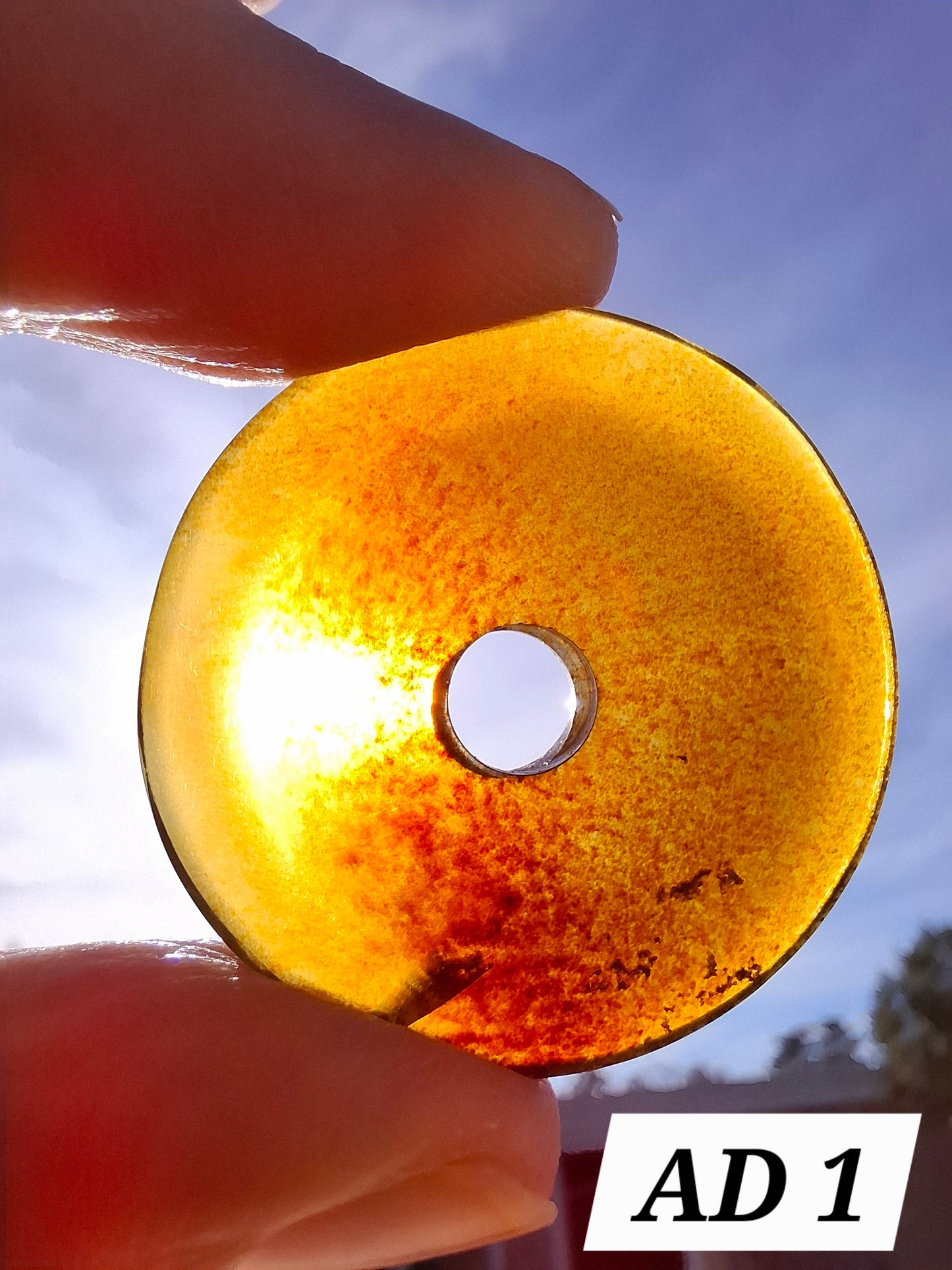 Red Amber Disc/Doughnut carving/sphere holder, 4.13g, Fossil (Ref: AD1)