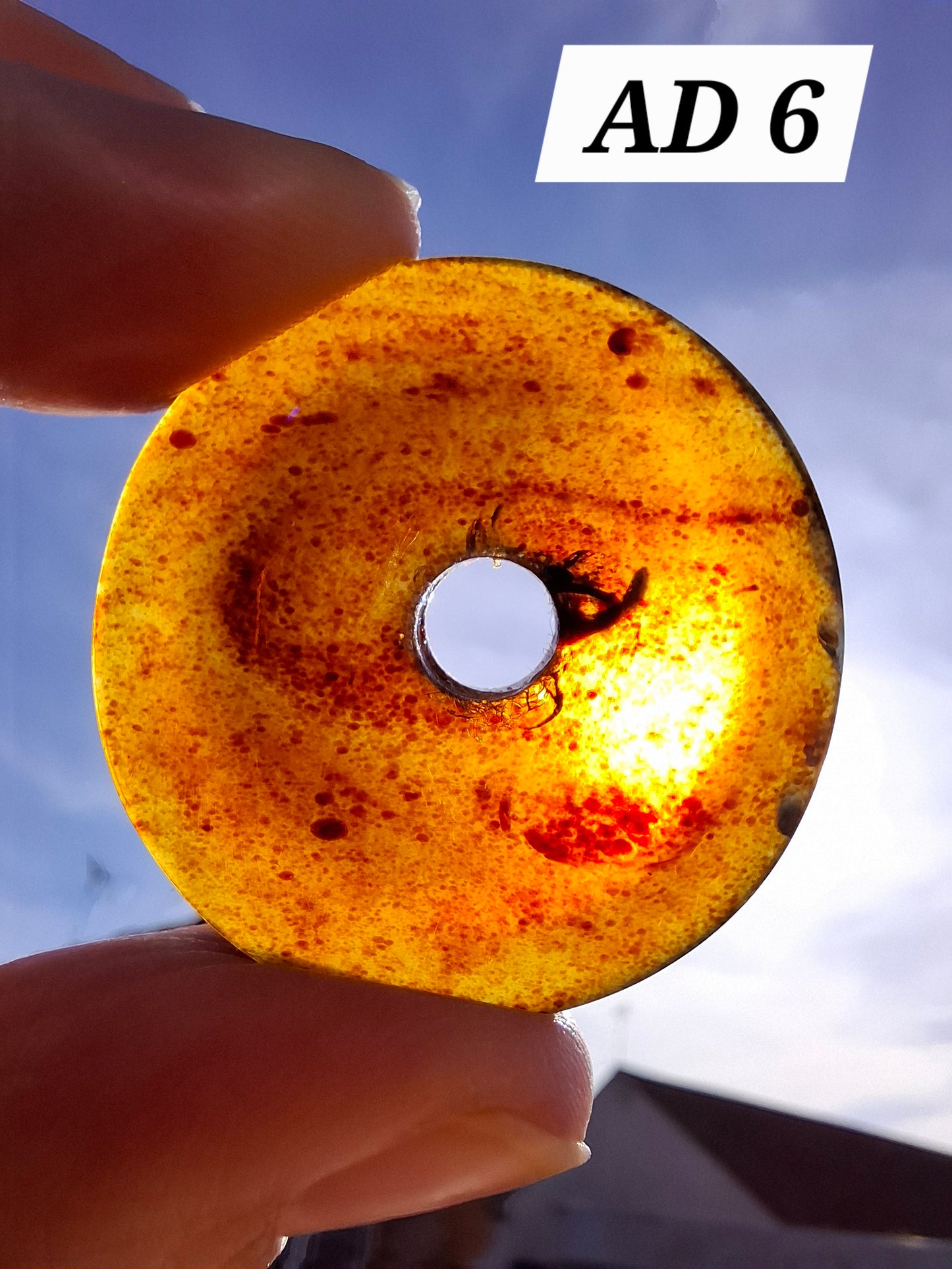 Red Amber Disc / Doughnut carving, sphere holder, 6.13g, Fossil (Ref: AD6)