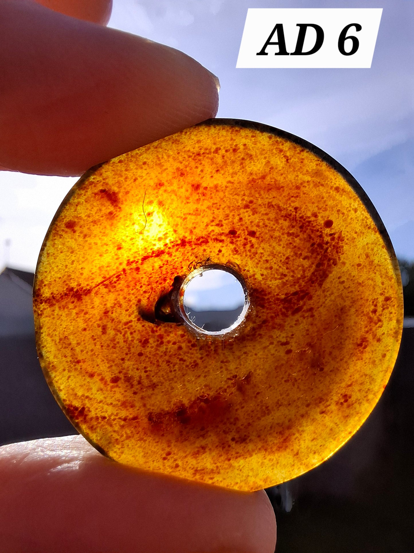Red Amber Disc / Doughnut carving, sphere holder, 6.13g, Fossil (Ref: AD6)