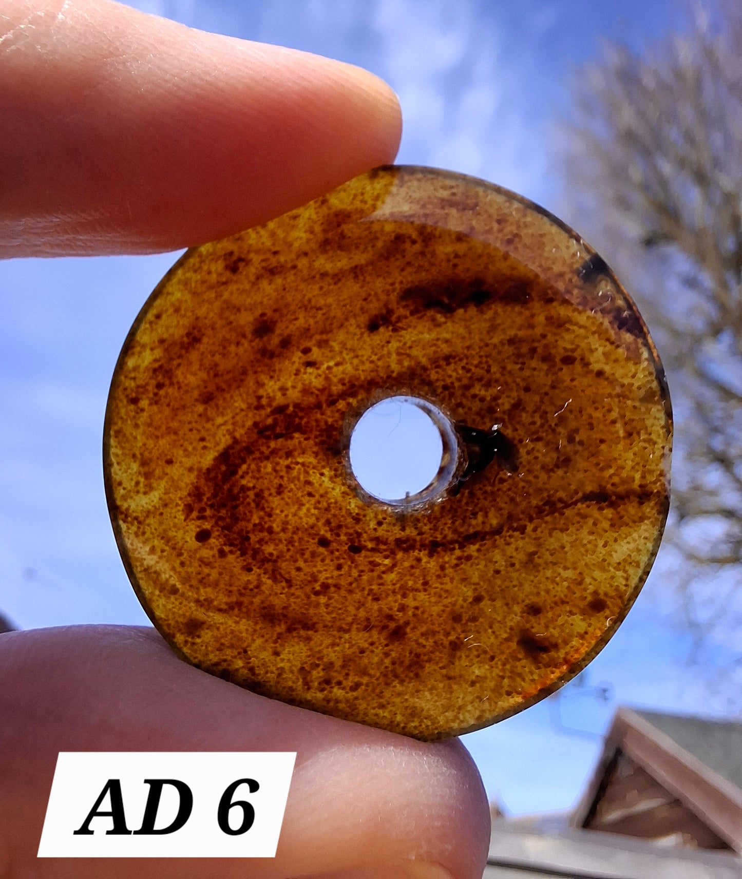 Red Amber Disc / Doughnut carving, sphere holder, 6.13g, Fossil (Ref: AD6)