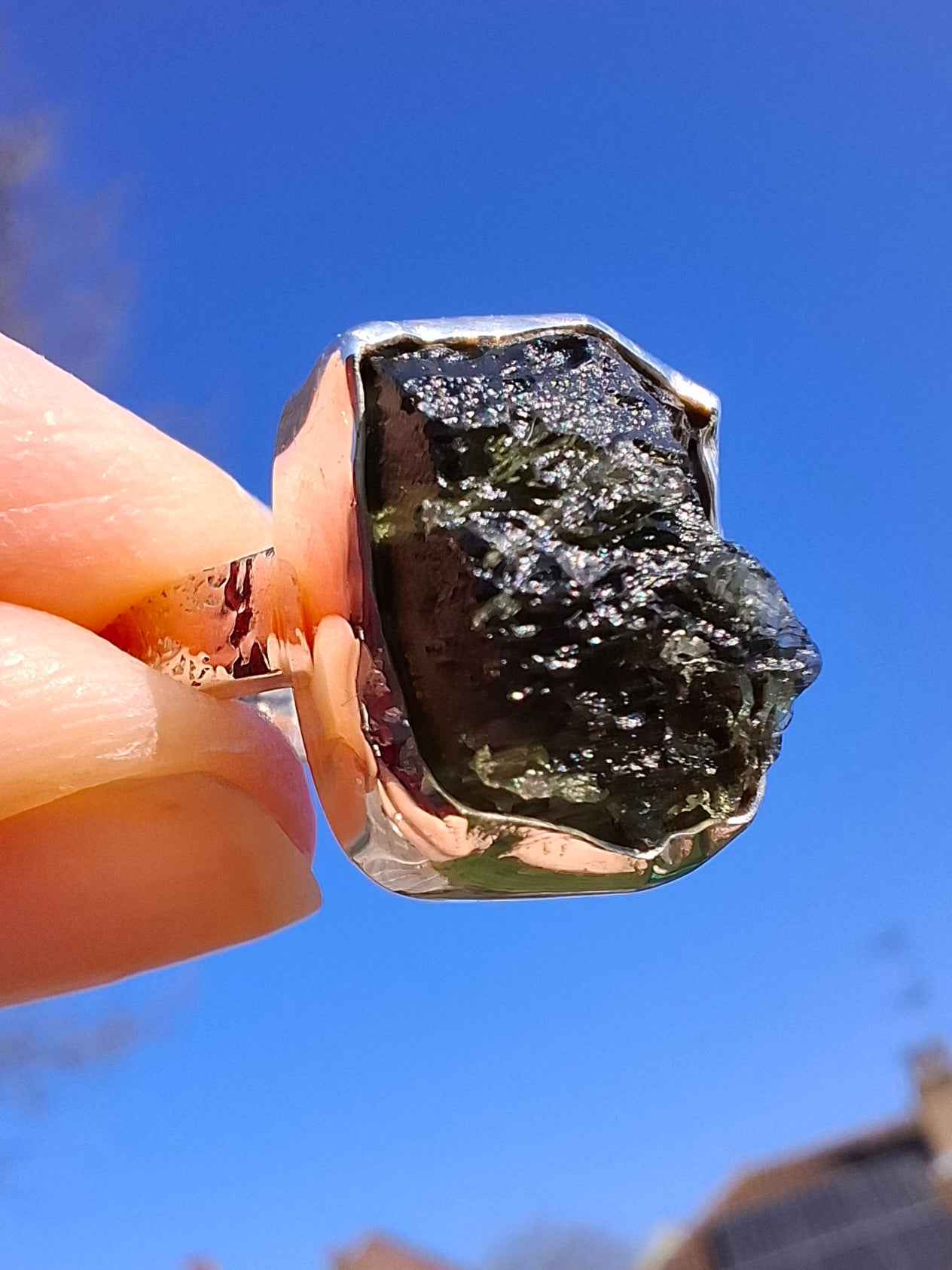 Moldavite Ring, size large G/small H, 925 Silver, Tektite (Ref: R293)