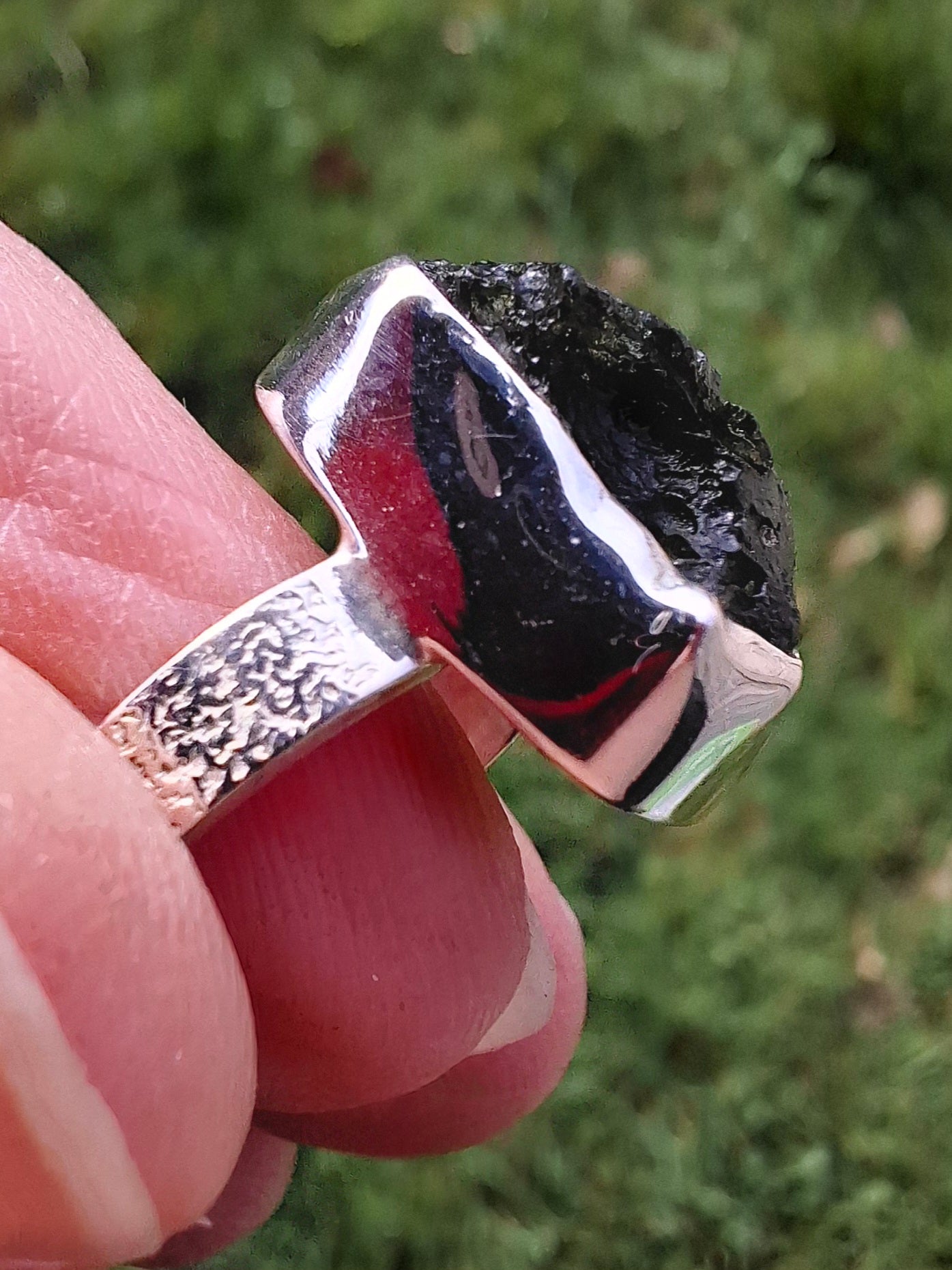 Moldavite Ring, size large G/small H, 925 Silver, Tektite (Ref: R293)