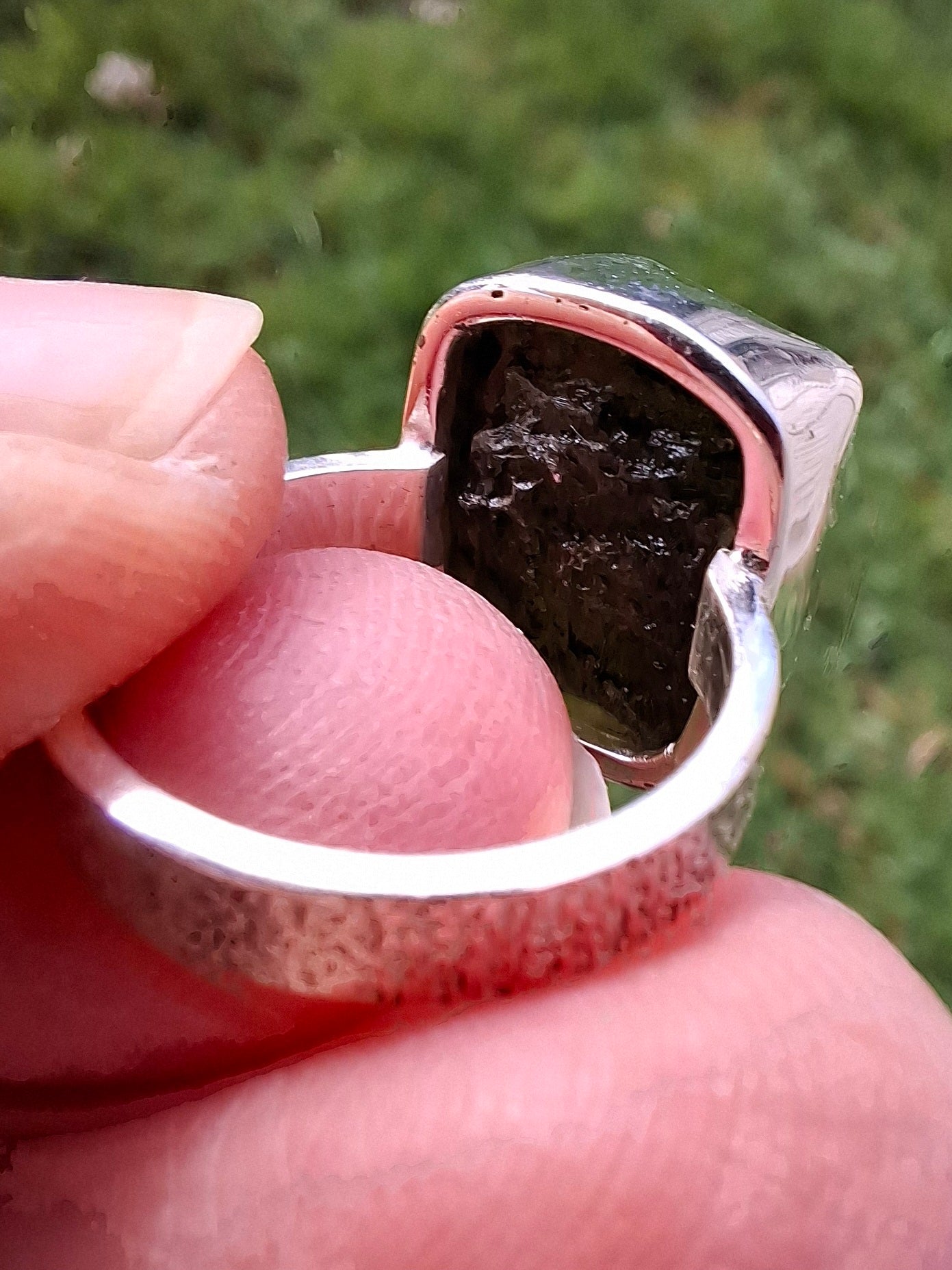 Moldavite Ring, size large G/small H, 925 Silver, Tektite (Ref: R293)