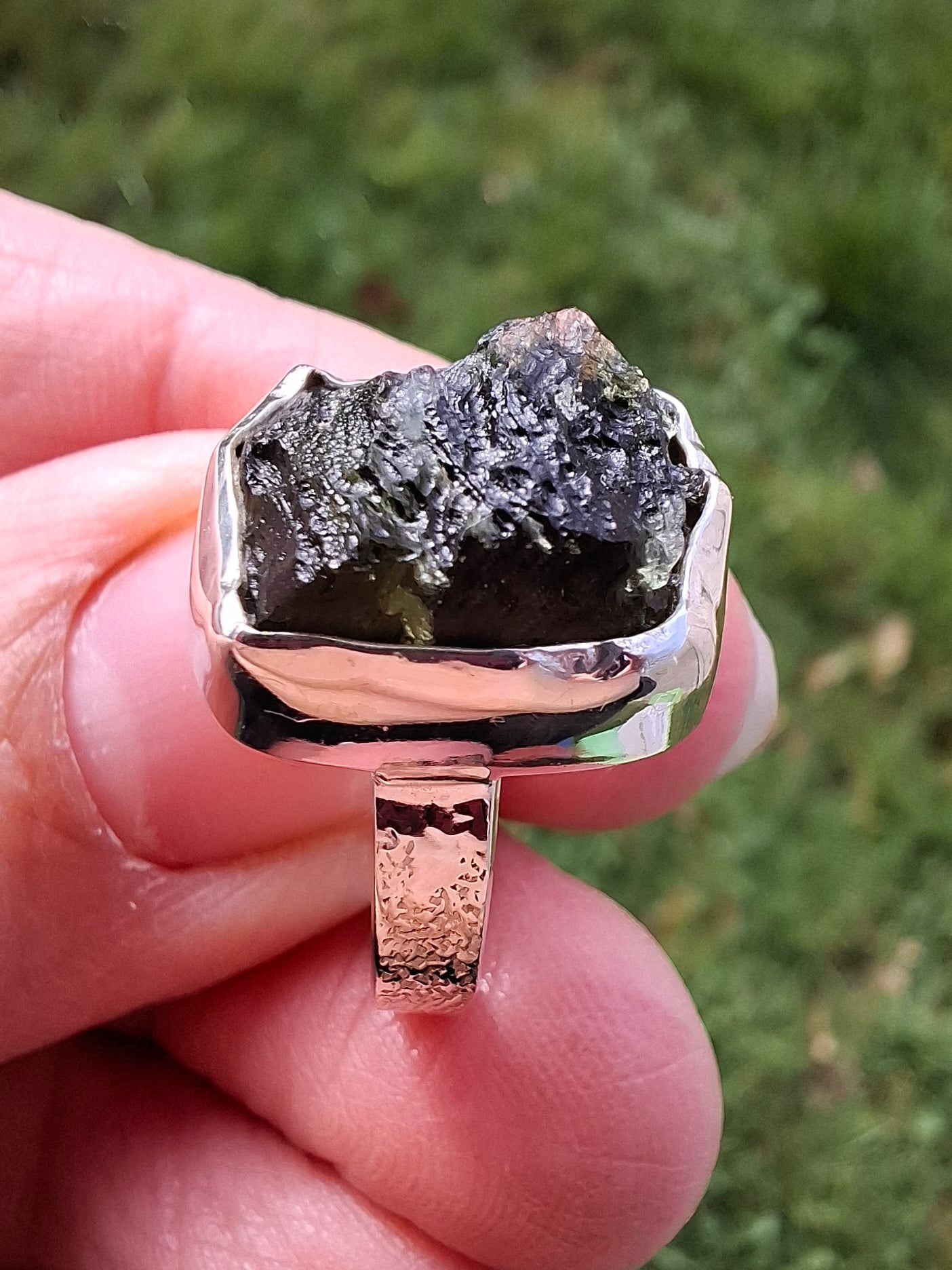 Moldavite Ring, size large G/small H, 925 Silver, Tektite (Ref: R293)
