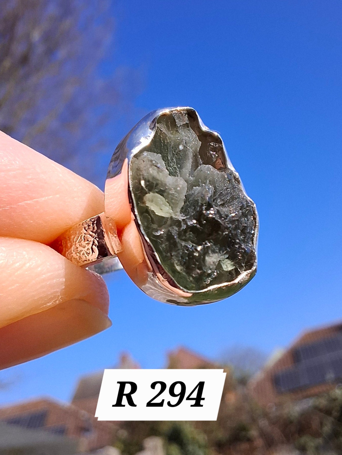 Moldavite Ring, size H, 925 Silver, Tektite (Ref: R294)
