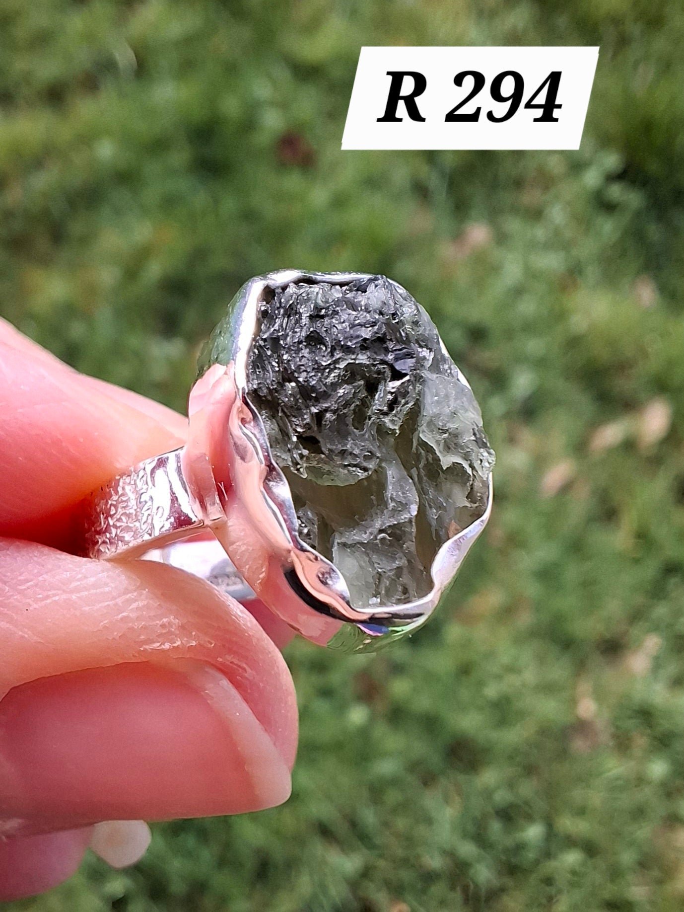 Moldavite Ring, size H, 925 Silver, Tektite (Ref: R294)