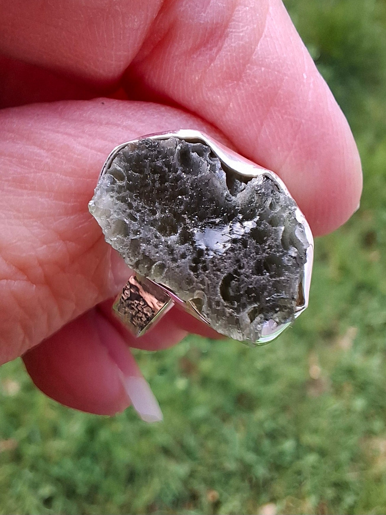 Moldavite Ring, size I, 925 Silver, Tektite (Ref: R295)