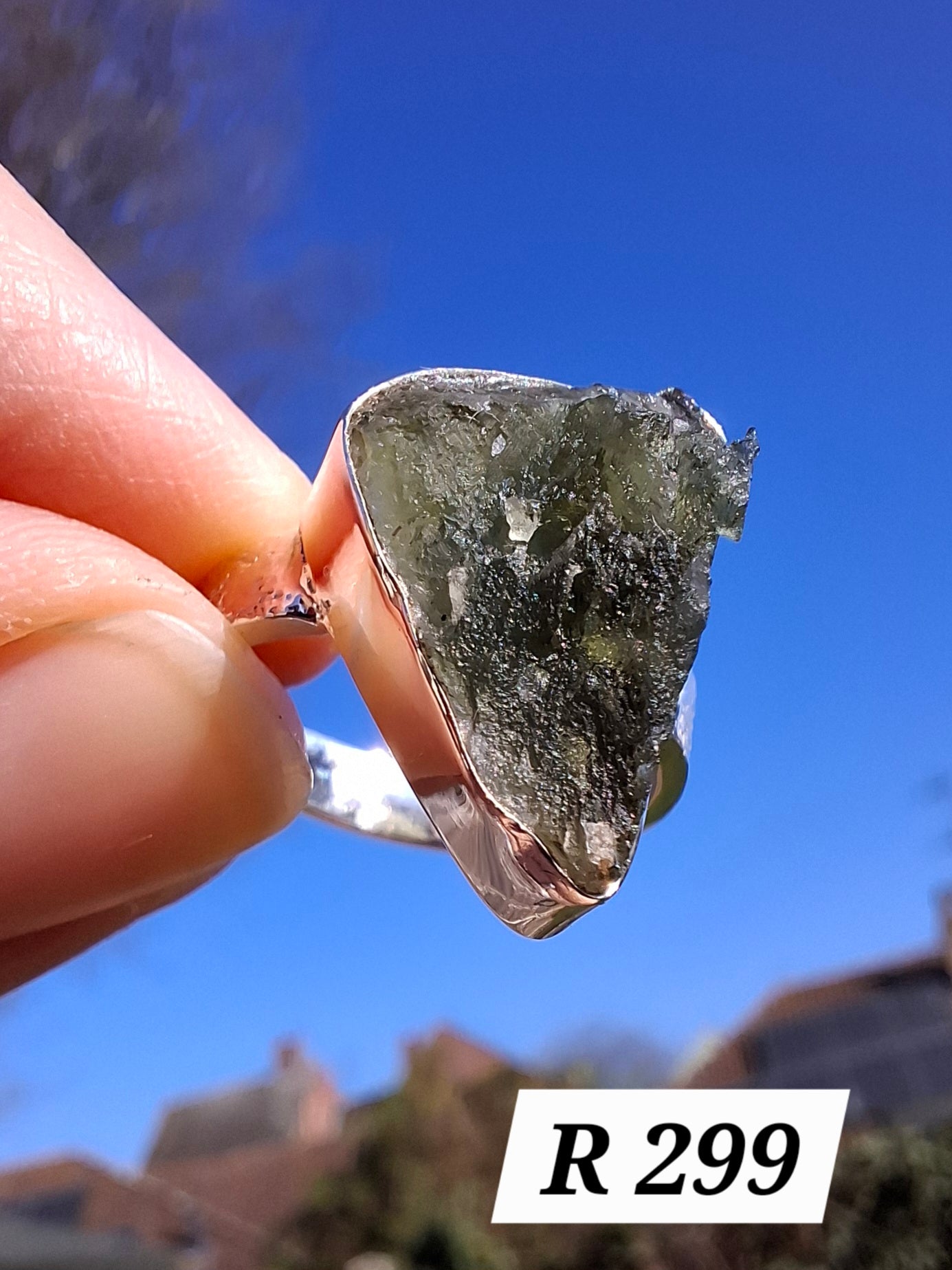 Moldavite Ring, size small K, 925 Silver, Tektite (Ref: R299)