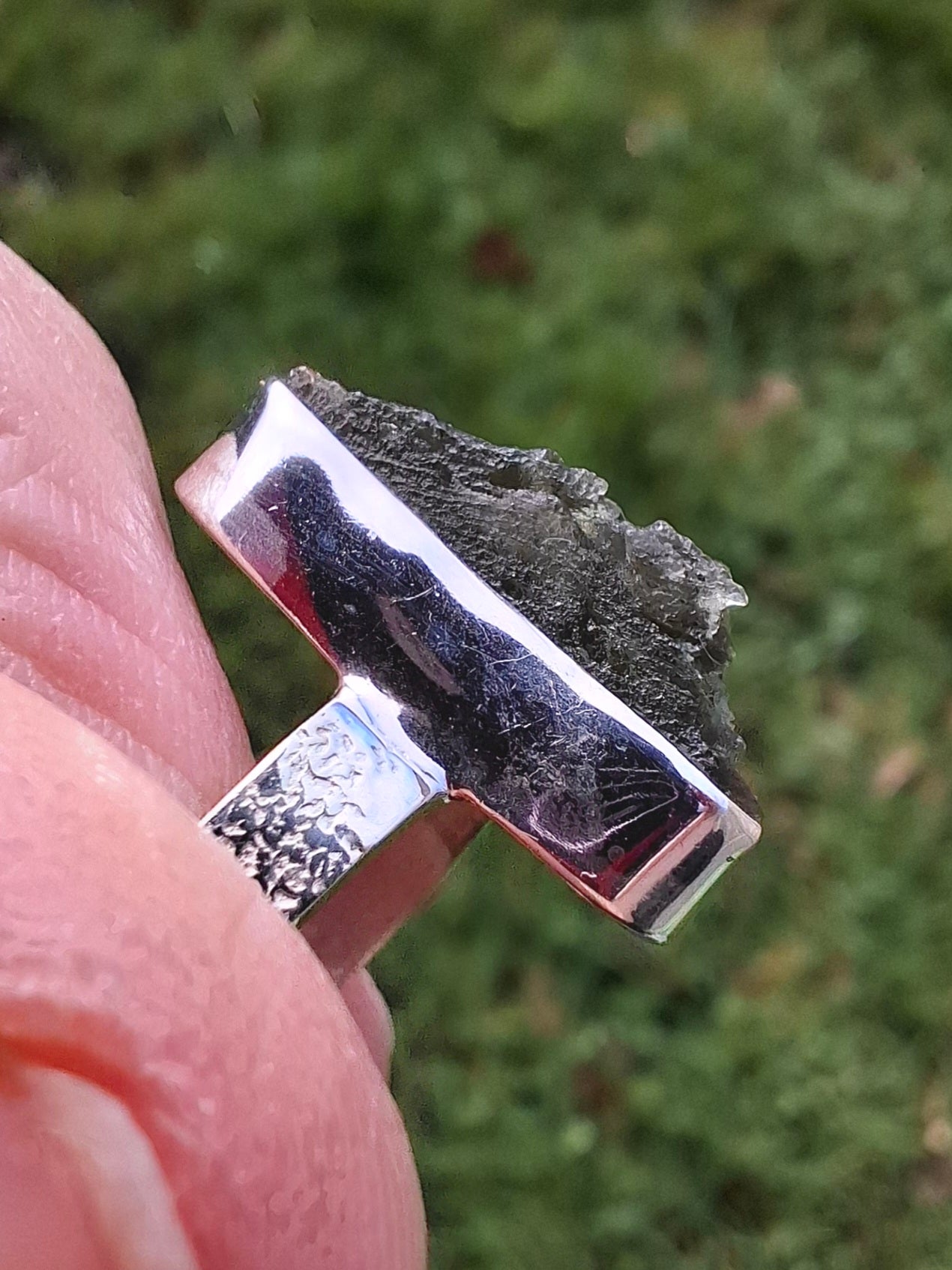 Moldavite Ring, size small K, 925 Silver, Tektite (Ref: R299)