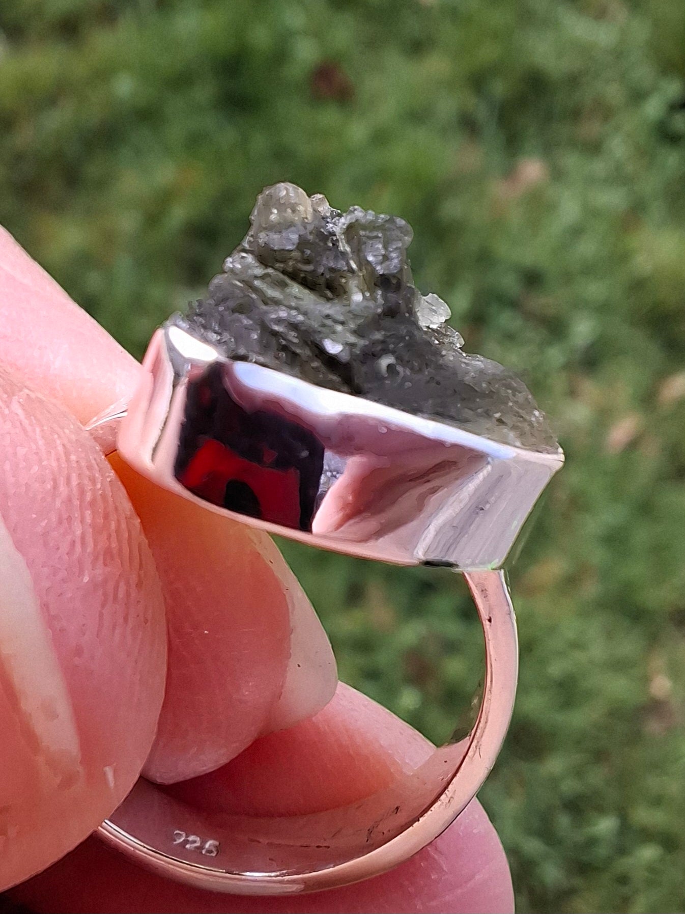 Moldavite Ring, size small K, 925 Silver, Tektite (Ref: R299)