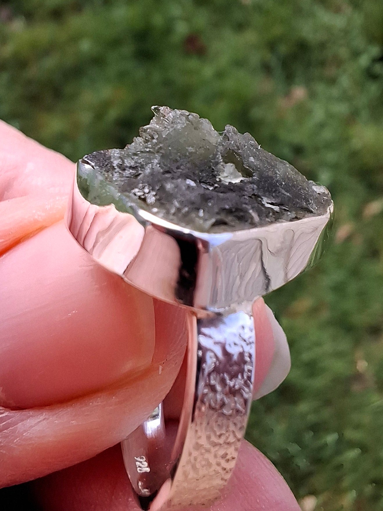 Moldavite Ring, size small K, 925 Silver, Tektite (Ref: R299)