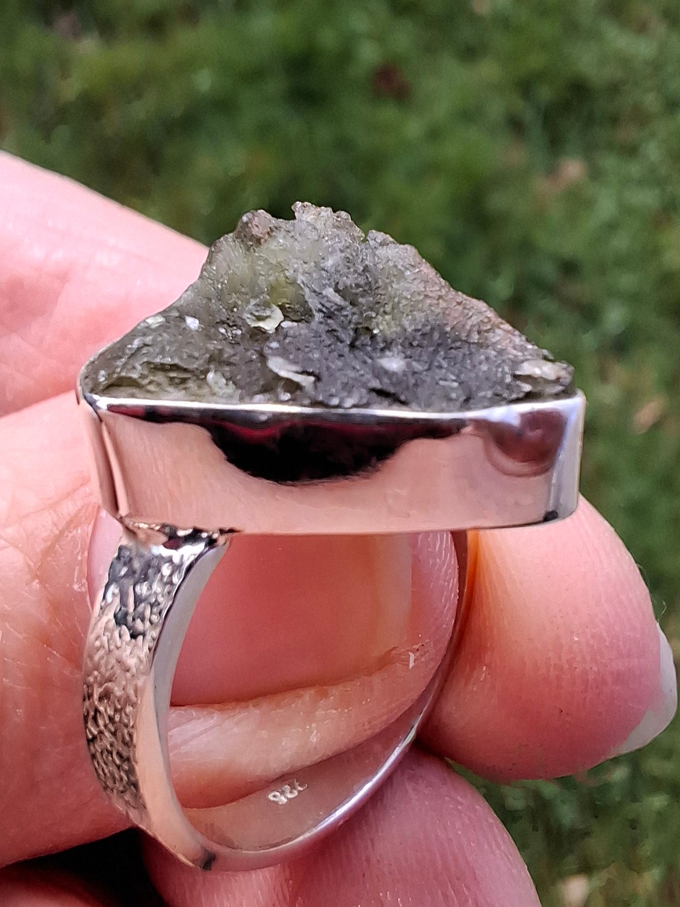 Moldavite Ring, size small K, 925 Silver, Tektite (Ref: R299)