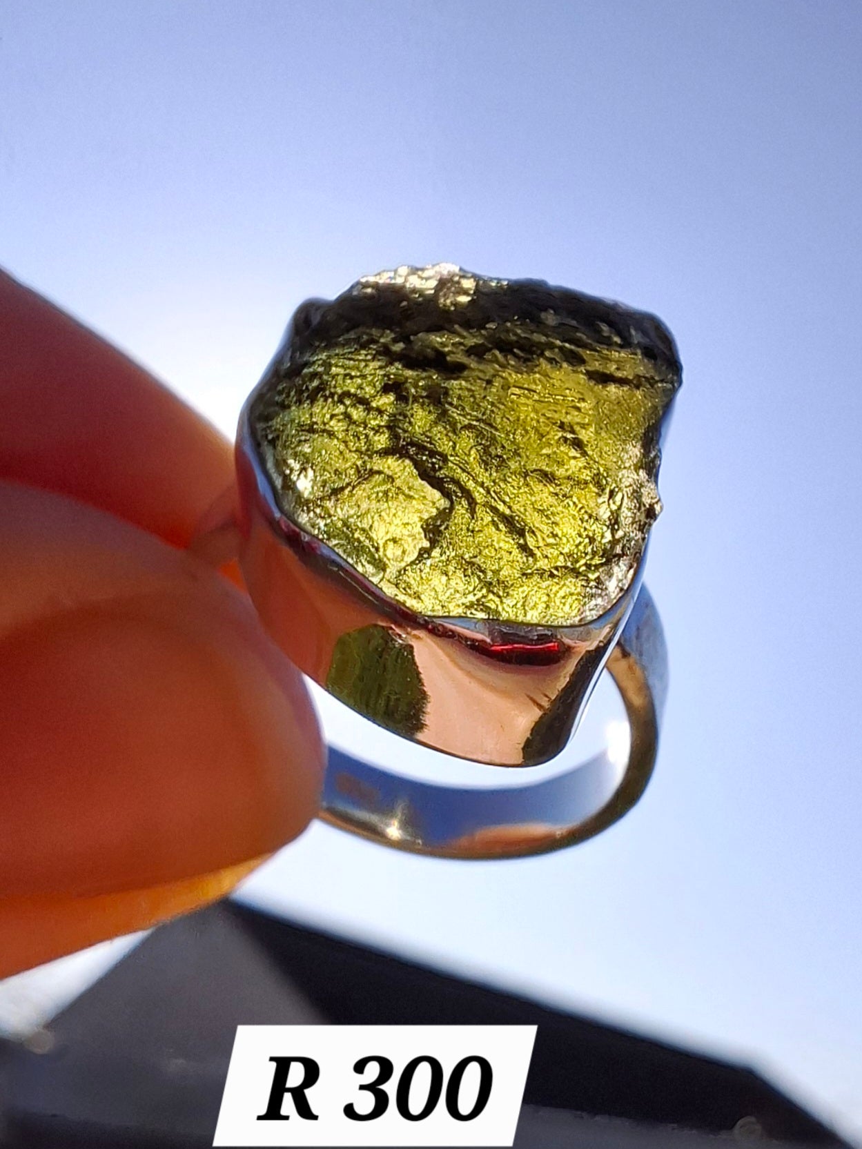 Moldavite Ring, size K, 925 Silver, Tektite (Ref: R300)