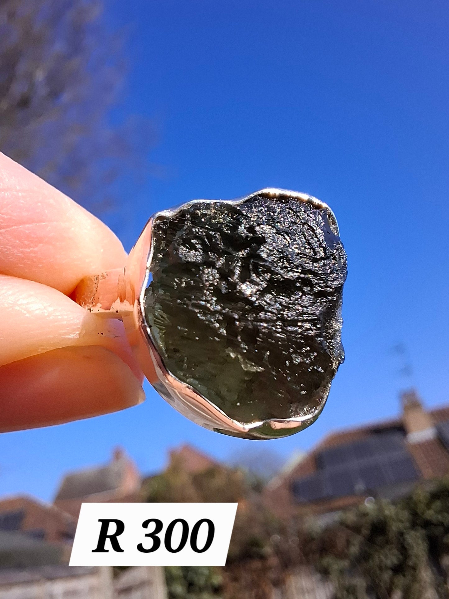Moldavite Ring, size K, 925 Silver, Tektite (Ref: R300)