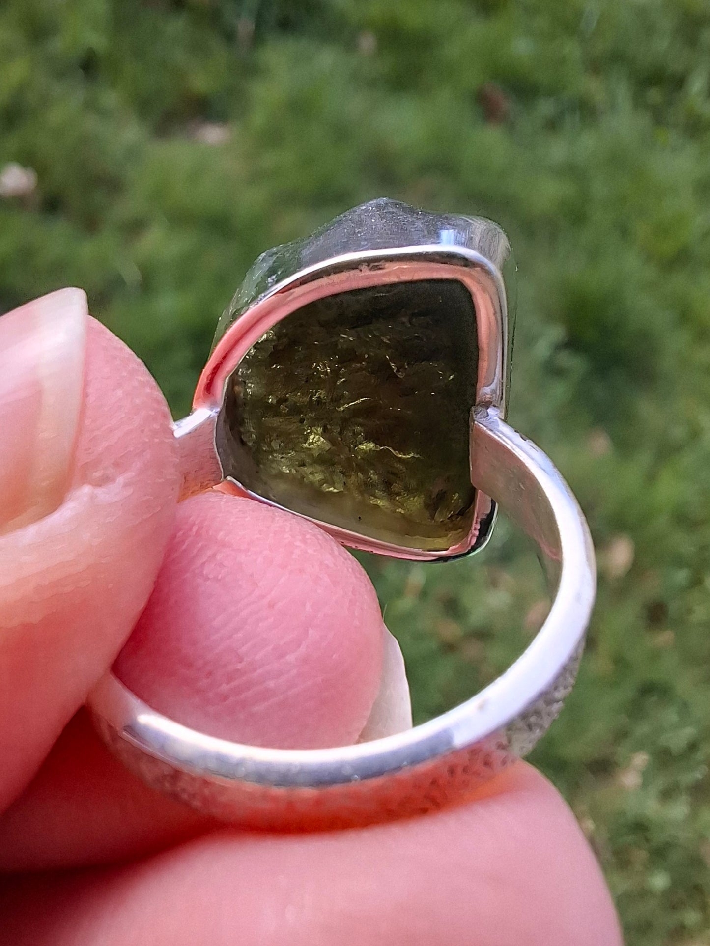 Moldavite Ring, size K, 925 Silver, Tektite (Ref: R300)