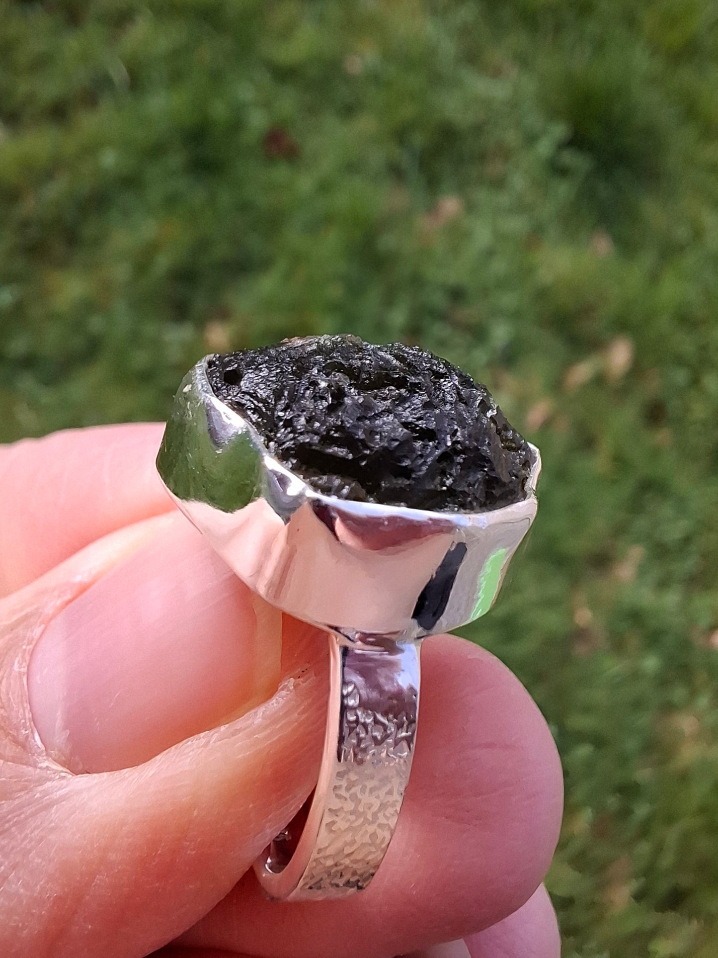 Moldavite Ring, size K, 925 Silver, Tektite (Ref: R300)