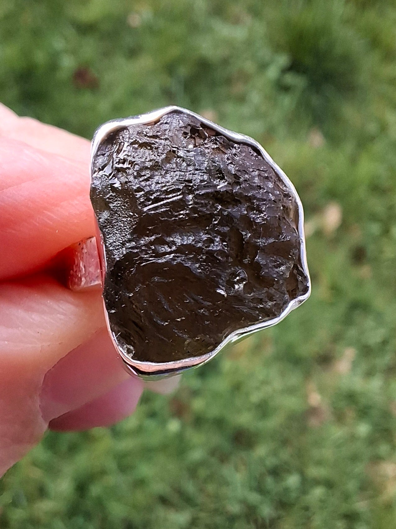 Moldavite Ring, size K, 925 Silver, Tektite (Ref: R300)